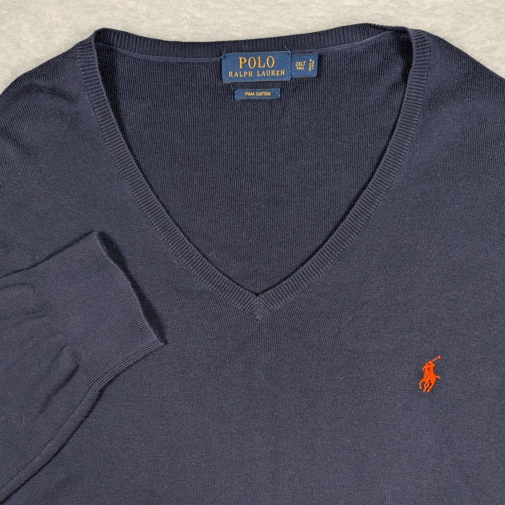 Polo Ralph Lauren Sweater Mens 2XLT Blue Pima Cotton V Neck Pullover Pony Logo